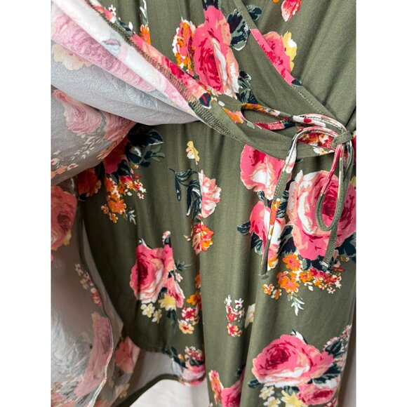 Derek Heart Floral Faux Wrap Dress Green Pink Short Sleeve 2X - Picture 5 of 11